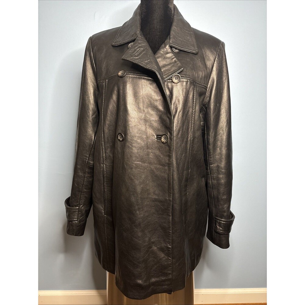 Izod Black 100% Leather Long Sleeve Collared Jacket (Women’s ) Button Front